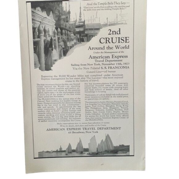 Vintage 1923 American Express Travel 2nd World Cruise Ad Advertisment - Picture 3 of 4